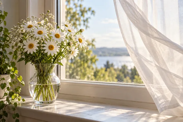 Daisies in a glass vase beside a sunlit window and a sheer curtain, illustrating a photo animation idea.