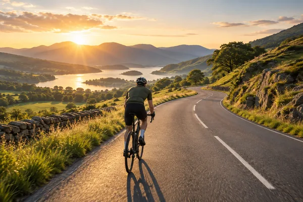 A cyclist following a sunlit road through green hills, illustrating a simple single-subject video prompt.