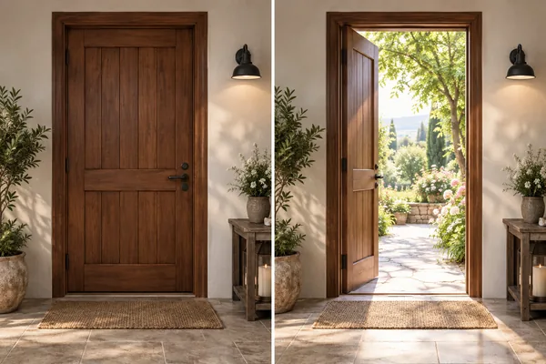 A closed wooden door beside an open view toward a bright garden, illustrating a planned reveal rather than a generated result.